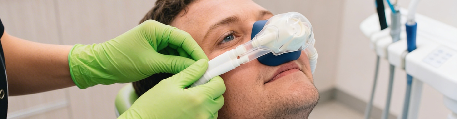 Gloved hands placing sedation apparatus over man's nose.